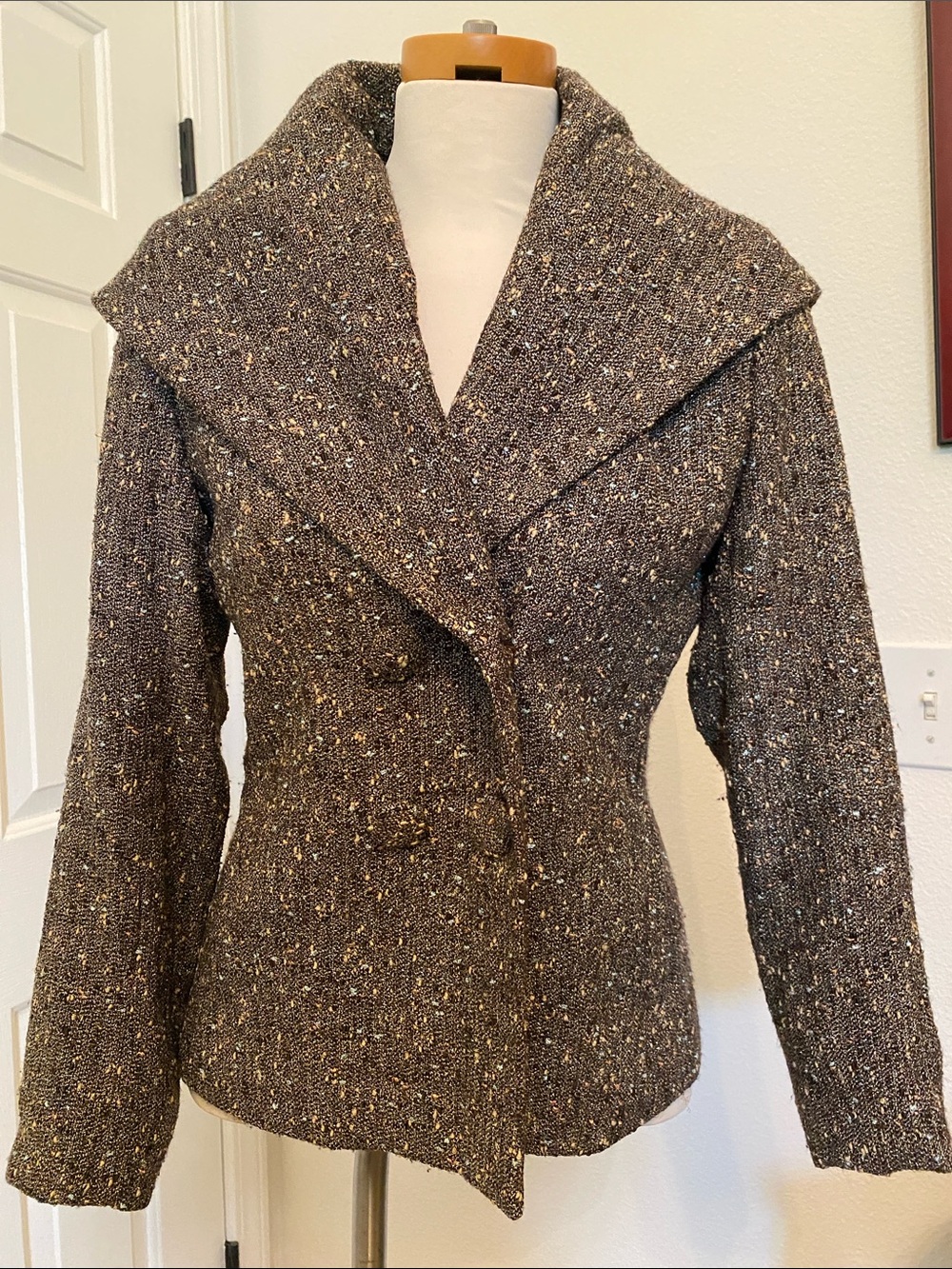 Womens Brown Tweed Shawl-Collar Blazer Jacket